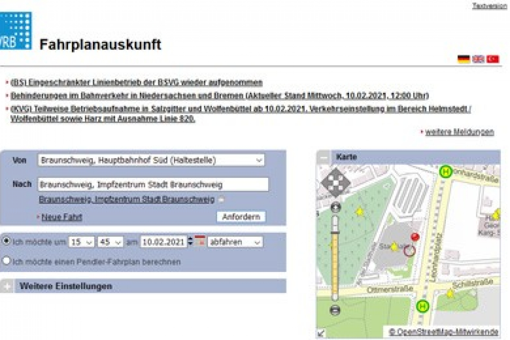 In dieser Woche starten die Impfzentren in der Region Braunschweig. Wer mit dem ÖPNV zu den Impfzentren fährt, kann das ganz einfach mithilfe der neuen App des Verkehrsverbundes Region Braunschweig (VRB) „VRB Fahrinfo & Tickets“ planen.